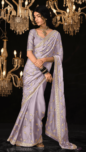 LAVENDER SAREE WITH ELEGANT SILVER EMBROIDERY - Kimora.in