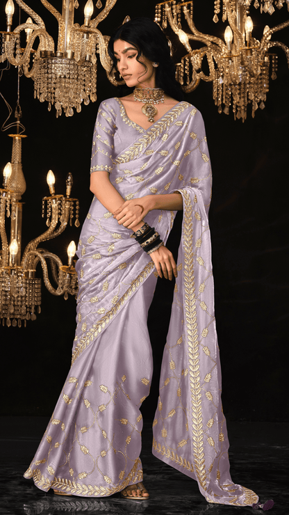 LAVENDER SAREE WITH ELEGANT SILVER EMBROIDERY - Kimora.in