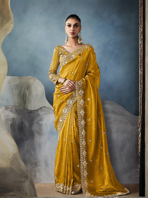 Mustard Yellow Tissue Silk Saree with Heavy Gold Embroidery