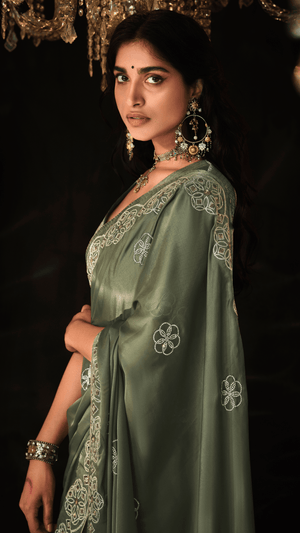 OLIVE GREEN HEAVY EMBROIDERED DESIGNER SILK SAREE - Kimora.in