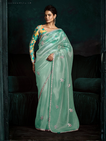 Petal Glow Tissue Silk Saree in Mint Green