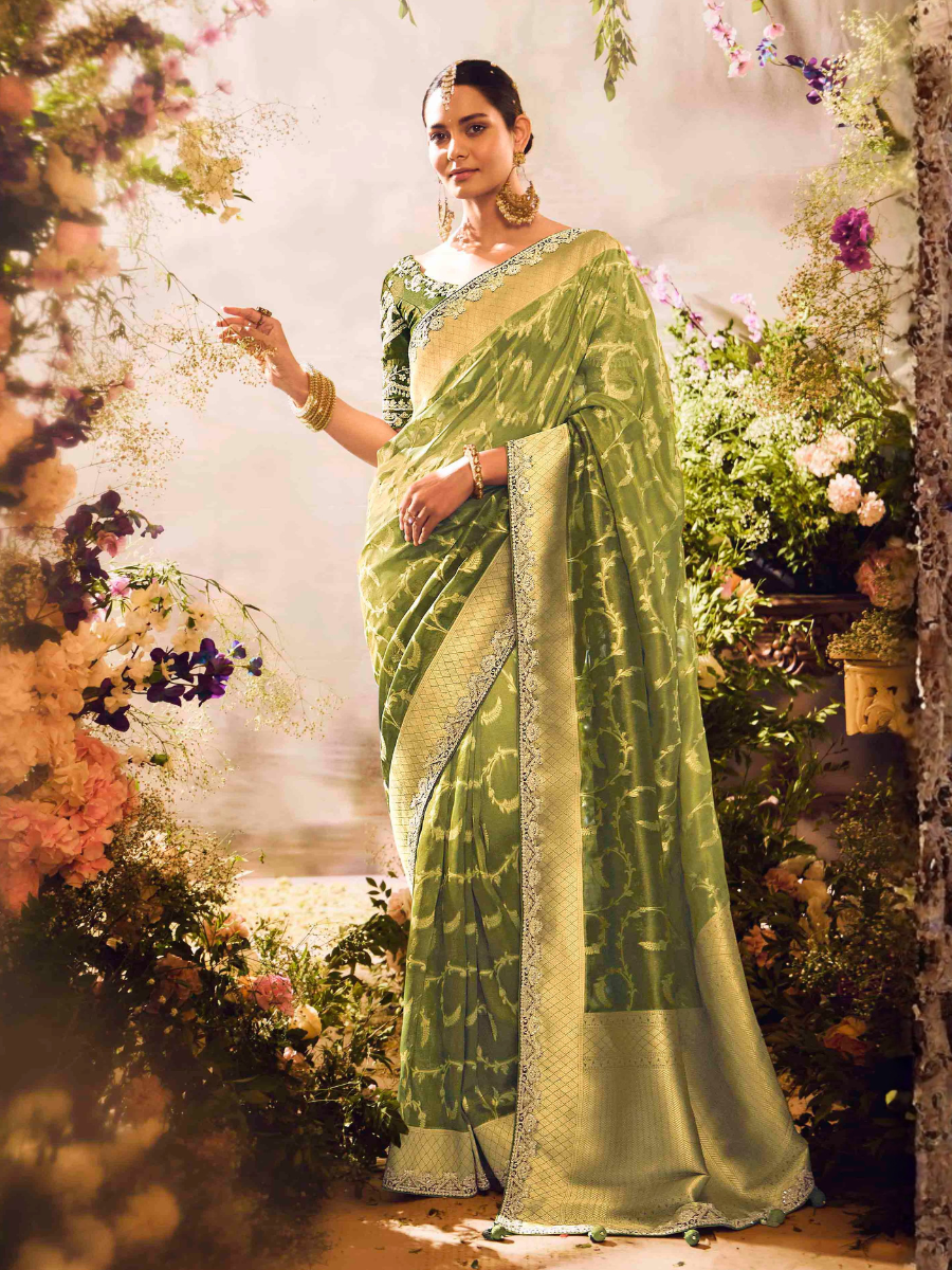 Anaya Banarasi tissue Saree in Lime green