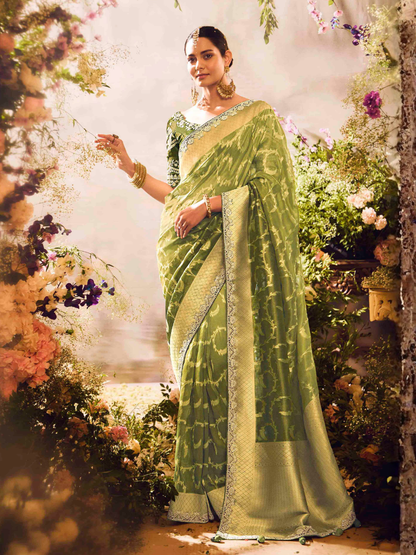 Olive Green Saree with Zari Work