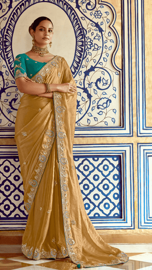 GOLDEN DESIGNER SILK SAREE WITH RICH ZARI EMBROIDERY - Kimora.in