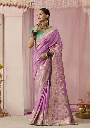 LAVENDER DOLA SILK SAREE WITH GREEN GOLDEN EMBROIDERED BLOUSE - Kimora.in