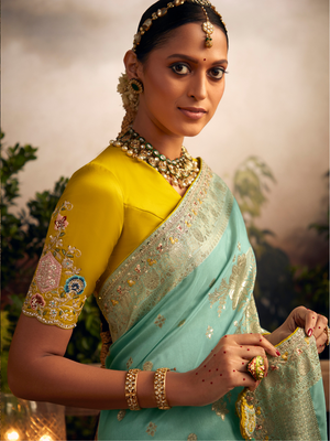 Mint Green Pure Soft Silk Saree With Rich Zari Border and Embroidery Blouse