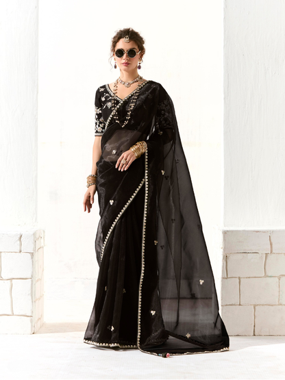 Royal Black Organza Saree with Black Embroidered Blouse