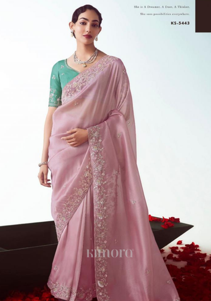 Flowy Pink Tulle Silk Saree In Pink