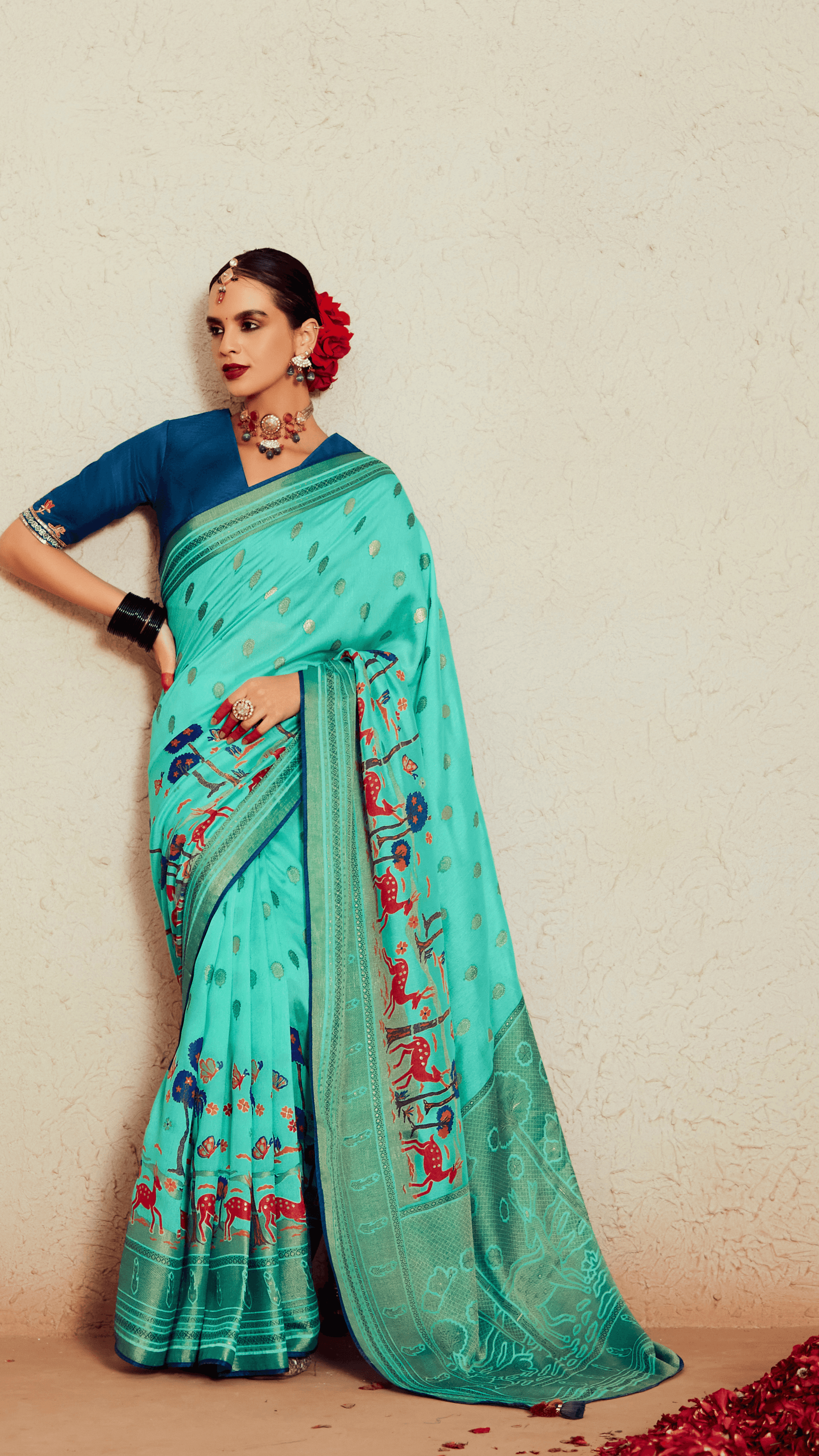 FOREST DREAMS-Teal Saree with Enchanted Wildlife Print - Kimora.in