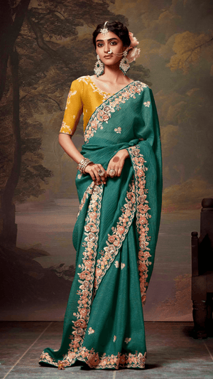TEAL GREEN DESIGNER ORGANZA SILK SAREE WITH YELLOW CONTRAST BLOUSE - Kimora.in