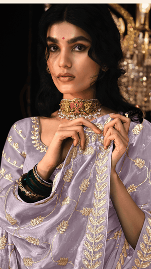 LAVENDER SAREE WITH ELEGANT SILVER EMBROIDERY - Kimora.in