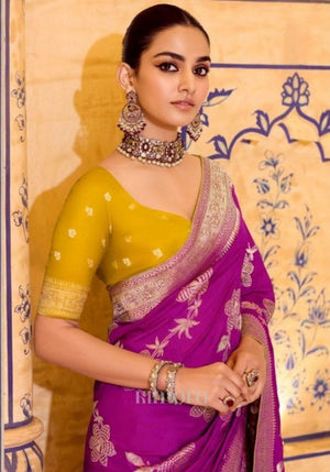 Sunehri Silk Banarasi Saree In Rani Pink