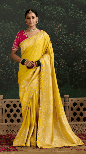 MUSTARD YELLOW BANARASI DOLA SILK SAREE - Kimora.in