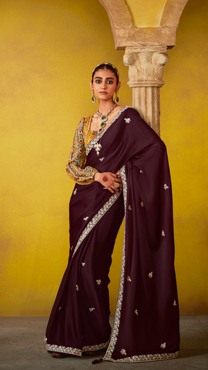 WINE ELEGANCE – EMBROIDERED SAREE WITH HERITAGE BLOUSE