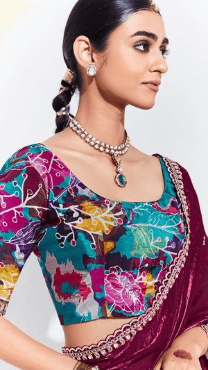 WINE SILK SAREE WITH VIBRANT FLORAL BLOUSE – A STATEMENT OF LUXURY - Kimora.in