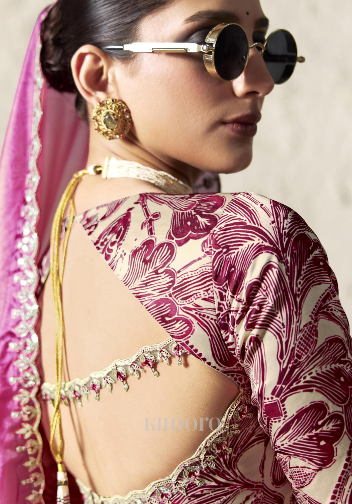 Cream and Pink Linen Satin Blouse with Botanical Print Design, Designer Printed Wedding and Festive Saree Blouse