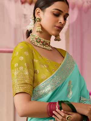 Sea Green Weaving Silk Saree with Sunflower Yellow Blouse