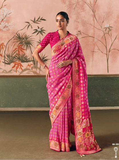 Pink Pure Georgette Bandhani Saree With Floral