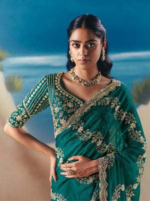 Emerald Green Organza Tissue Silk Hand Embroidered Bridal Saree