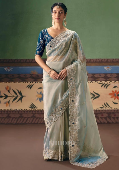 Mirai Fancy Tissue Rich Embroidered Saree In Pastel Green