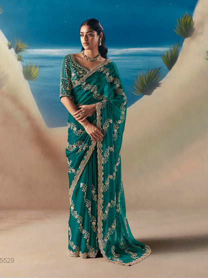 Emerald Green Organza Tissue Silk Hand Embroidered Bridal Saree