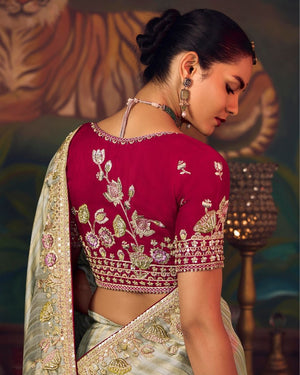 Silver Silk Saree with Hand Embroidery