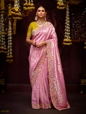 Roseate Pink Banarasi Viscose Saree with Mustard Yellow Blouse