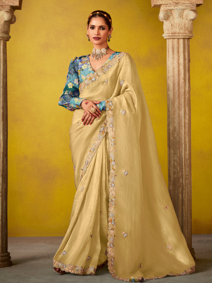 Tissue Silk Saree with Embroidered Border and Floral Blouse