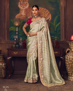 Silver Silk Saree with Hand Embroidery