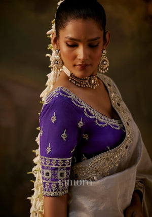 Meherika Shimmer silk heavy border saree in Silver