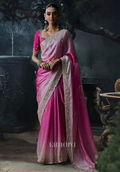 Soft Girl Tissue Silk Saree Ivory Pink Ombré