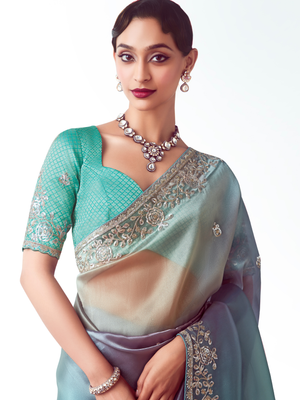 Blue Organza Saree with Zari & Sequins Work and Teal Silk Blouse – Kimora