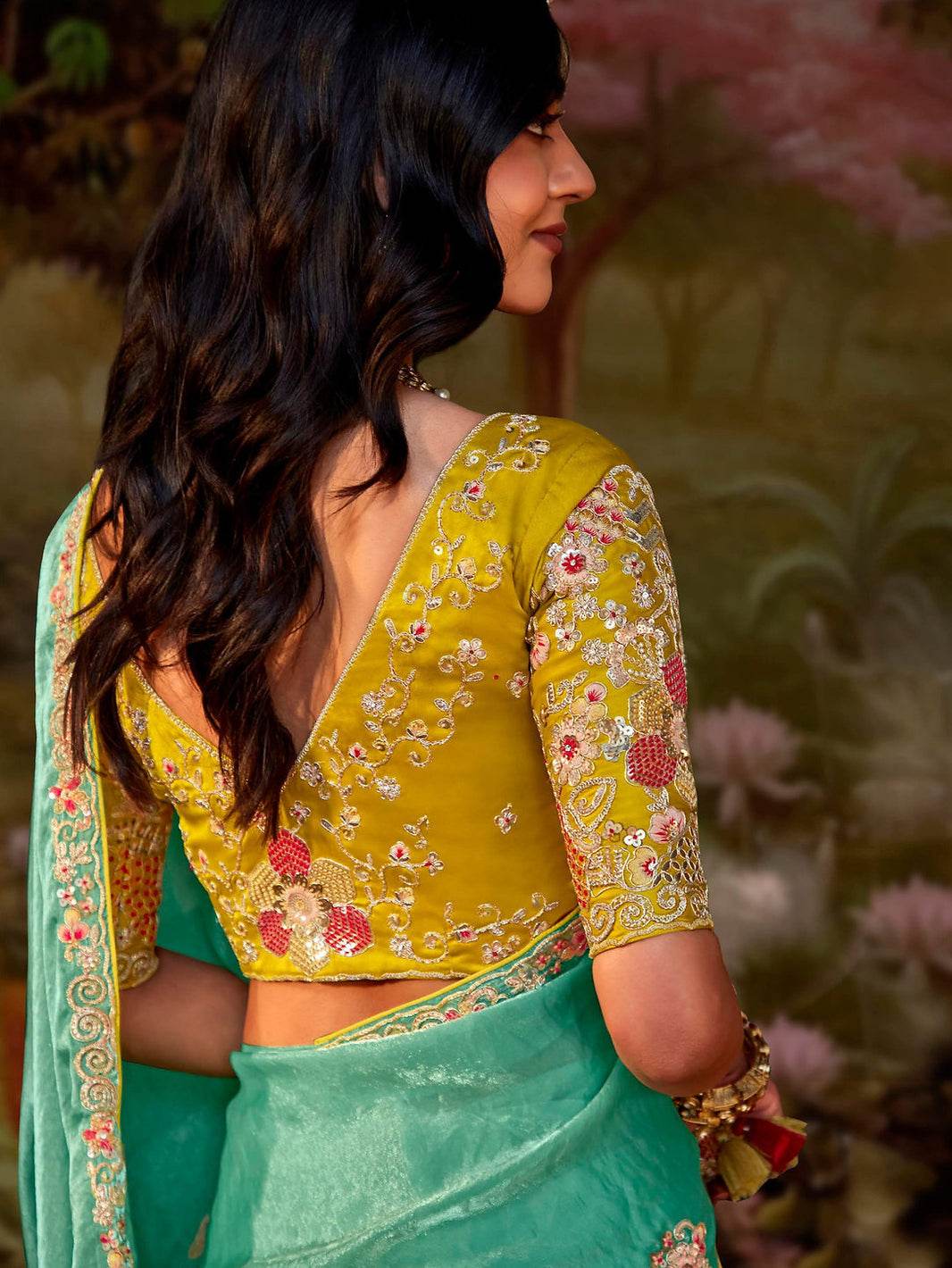 SEA GREEN SILK SEQUENCE EMBROIDERY SAREE - Kimora.in