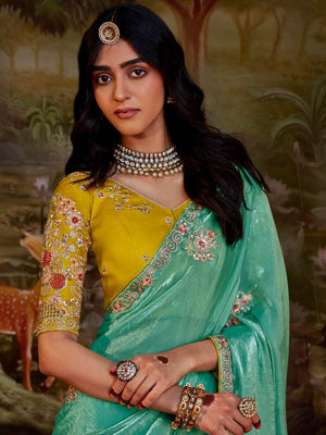 SEA GREEN SILK SEQUENCE EMBROIDERY SAREE - Kimora.in