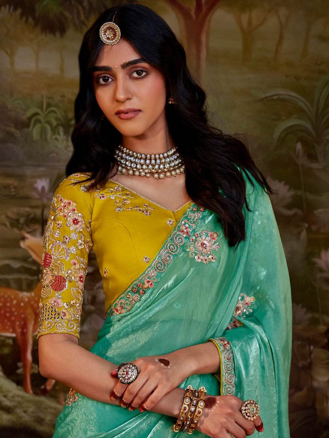 SEA GREEN SILK SEQUENCE EMBROIDERY SAREE - Kimora.in