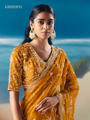 Diya Tissue Silk Hand Embroidered Bridal Saree In Musturd