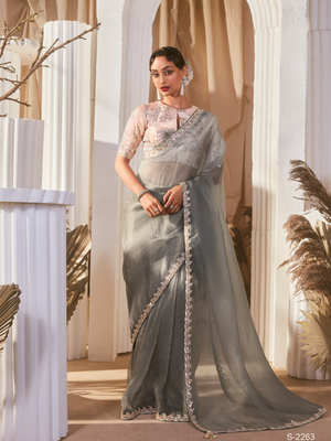 Grey Organza Saree with Multi Sequins Work & Grey Printed Blouse
