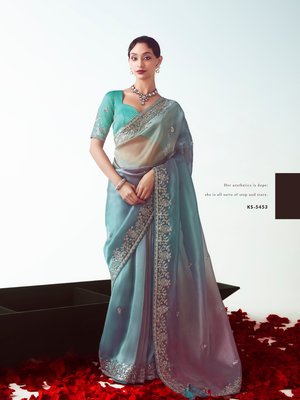 Blue Organza Saree with Zari & Sequins Work and Teal Silk Blouse – Kimora