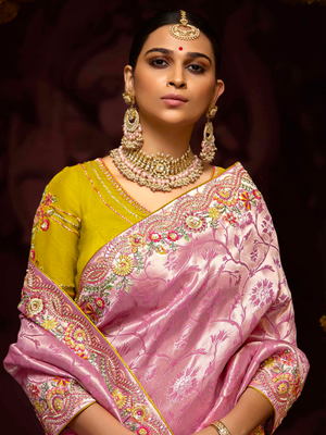 Roseate Pink Banarasi Viscose Saree with Mustard Yellow Blouse