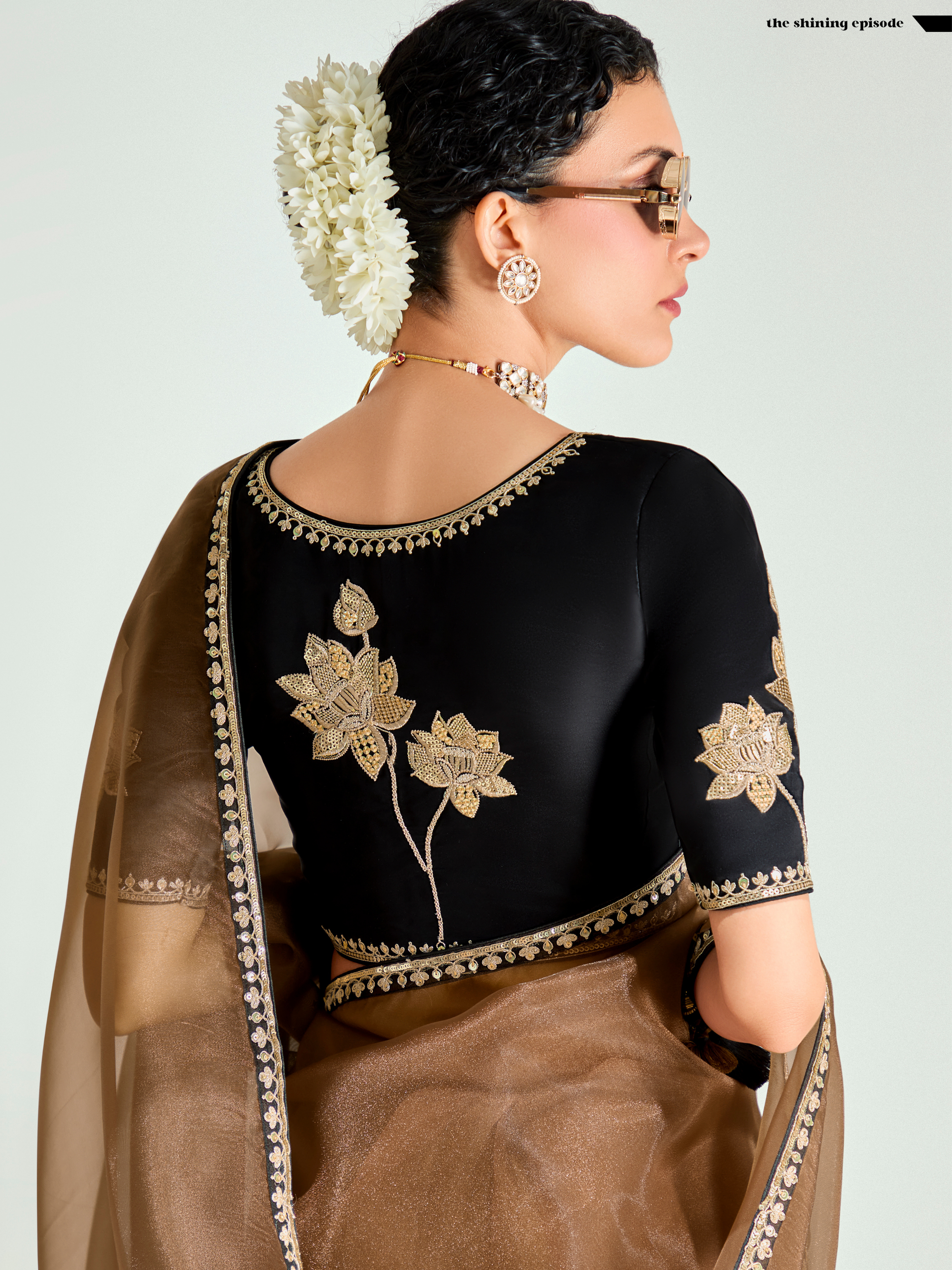 Black & Brown Organza Saree with Sequins Detailing