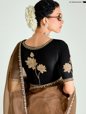 Black & Brown Organza Saree with Sequins Detailing