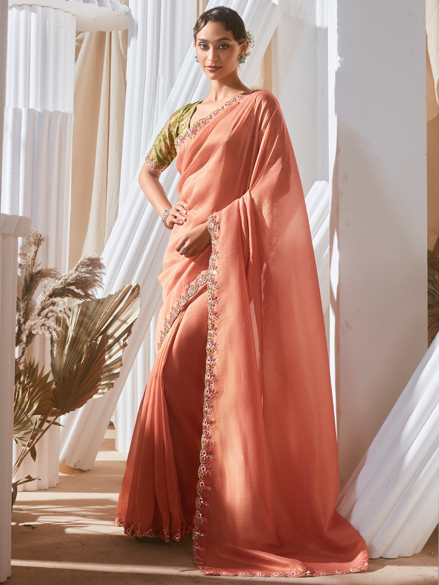 Zaira Shimmer Silk Saree In Peach