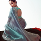 Blue Organza Saree with Zari & Sequins Work and Teal Silk Blouse – Kimora