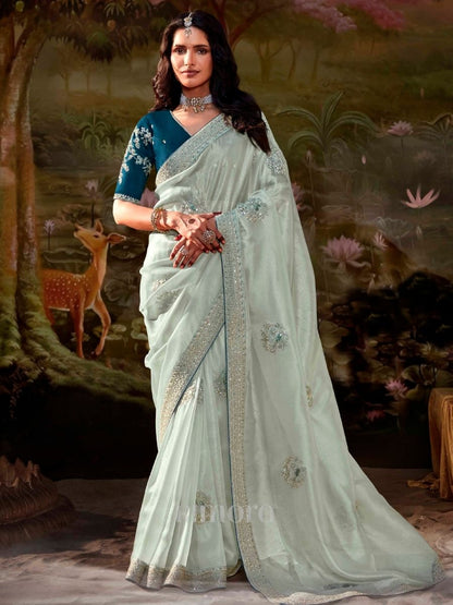Sea Green Glass Tissue Organza Saree