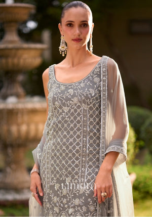 Zarina Floral Embroidered Sharara Suit in Silver Grey