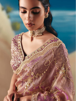 Pastel Pink Organza Tissue Silk Hand Embroidered Bridal Saree