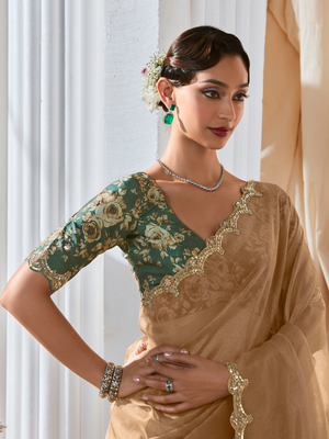 Woman wearing a traditional saree with intricate designs in a well-lit room.