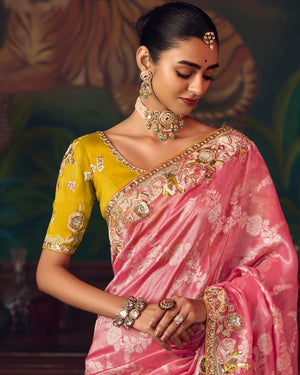 Rose Pink Silk Saree with Hand Embroidery