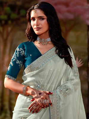 Sea Green Glass Tissue Organza Saree