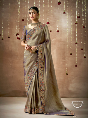 Royal Aubergine Kanjivaram Silk Saree with Smoky Taupe Blouse